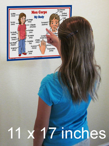 French Language School Poster - Words about Parts of the Body- Wall Chart for Home and Classroom - French and English Bilingual Text