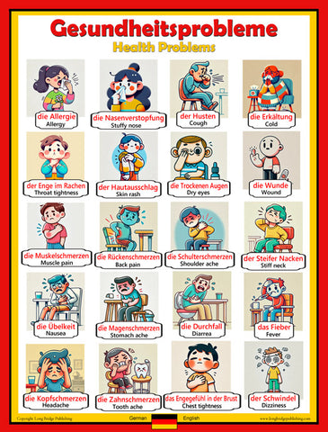 German Language School Poster - Health Issues Words: Bilingual ESL Chart for the Classroom