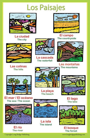 Spanish Language School Poster - Landscapes/Paisajes -  Wall chart for home and classroom - Bilingual: Spanish and English text