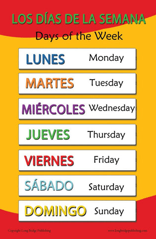 Spanish Language School Poster - days of the Week- Wall Chart for Home and Classroom - Spanish and English Bilingual Text