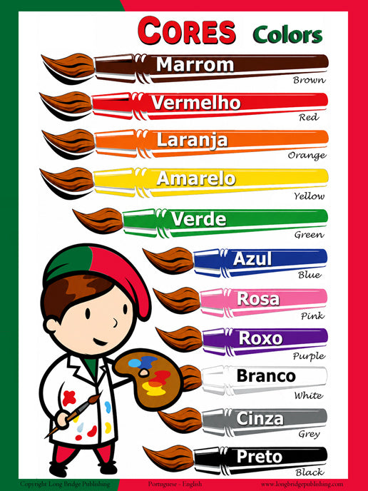 Colors in Portuguese, language school poster - ESL chart (bilingual)