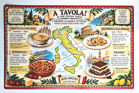 Eat in Italy: placemat with traditional food, meals and restaurant words in Italian (reversible, waterproof)