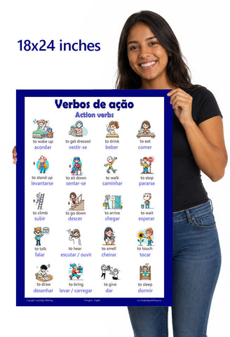 Action verbs in Portuguese, language school poster - ESL chart (bilingual)