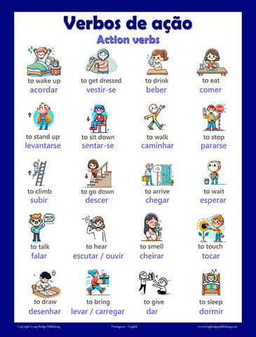 Action verbs in Portuguese, language school poster - ESL chart (bilingual)