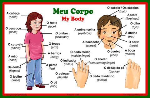 School Poster - Words About Parts of the Body - Wall Chart for Home and Classroom - Languages: Portuguese and English