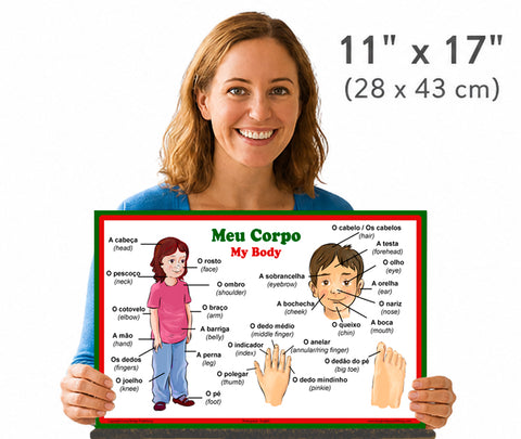 School Poster - Words About Parts of the Body - Wall Chart for Home and Classroom - Languages: Portuguese and English