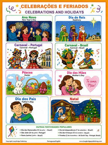 Holidays and Celebrations, language school poster in Portuguese - ESL chart (bilingual)