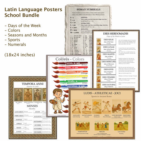 Set of 5 Latin Language School Posters - Wall Charts for the Classroom - Bilingual: Latin and English Text