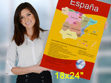 Spanish Language School Poster - Map of Spain with its 17 Autonomous Communities - Wall Chart for Home and Classroom - Spanish and English Bilingual Text