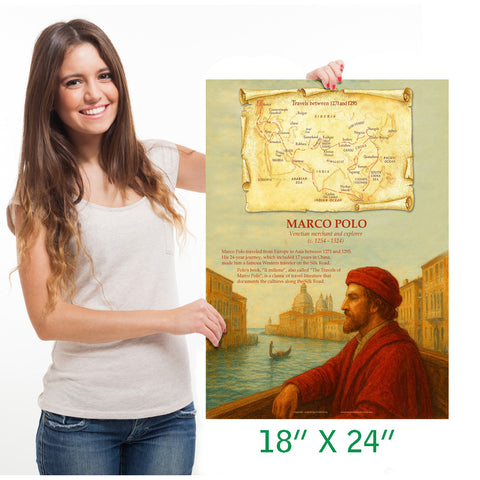 Marco Polo poster with map of the Italian explorer's travels along the Silk Road