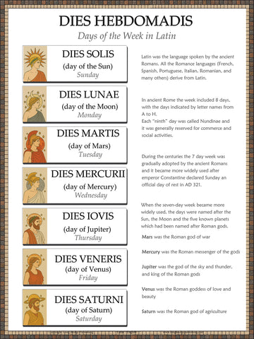 Latin Language School Poster - Days of the Week - Wall Chart for Home and Classroom - Bilingual: Latin and English Text