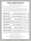 Latin Language School Poster - Days of the Week - Wall Chart for Home and Classroom - Bilingual: Latin and English Text
