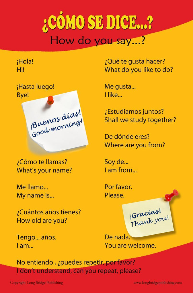 Spanish Language School Poster - Common greetings and phrases- Wall chart for home and classroom - Bilingual: Spanish and English text