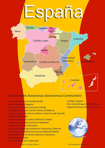 Spanish Language School Poster - Map of Spain with its 17 Autonomous Communities - Wall Chart for Home and Classroom - Spanish and English Bilingual Text