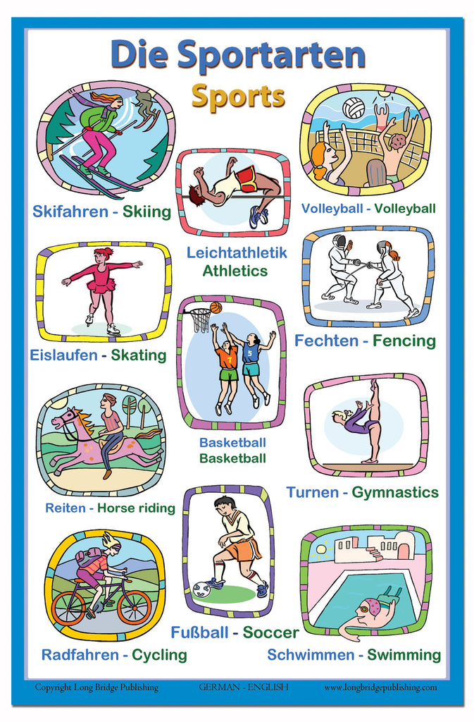 German Language School Poster - Words About Sports - Wall Chart for Home and Classroom - Bilingual: German and English Text