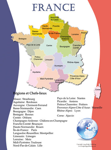 French Language School Poster - Map of France with regions and regional capitals