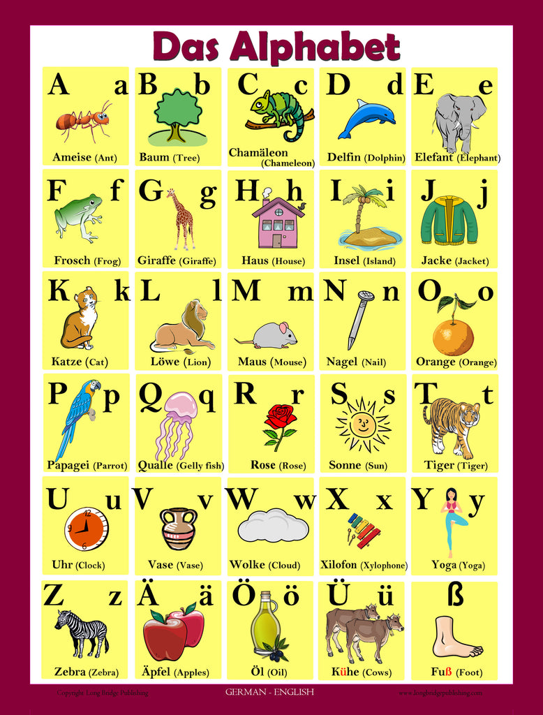German Alphabet Poster (bilingual GermanEnglish chart for language l