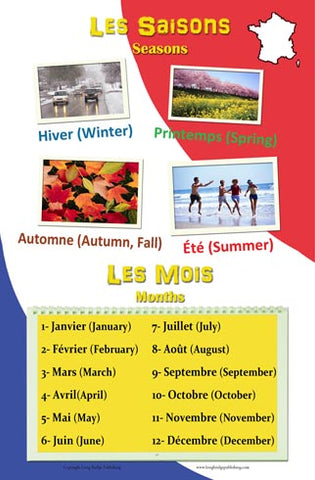 French language school poster - Seasons and months in French with English translation