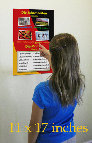 German Language School Poster - Words About Seasons and Months - Wall Chart for Home and Classroom - Bilingual: German and English Text
