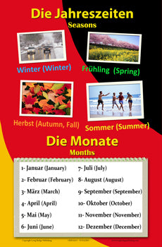 German Language School Poster - Words About Seasons and Months - Wall Chart for Home and Classroom - Bilingual: German and English Text