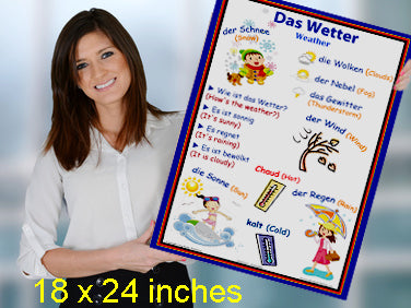 Bilingual School Poster - Weather words in German and English, Wall Chart for Classroom Décor